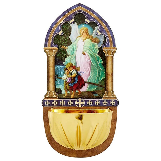 Guardian Angel Lasered Wood Holy Water Font measuring 5 inches high for Catholic home entryways, prayer spaces, and daily blessings.