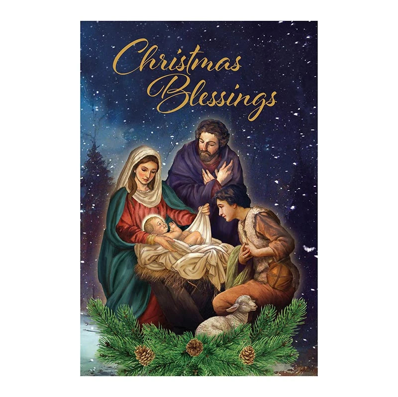  Let Us Adore Him Christmas Blessings Card with elegant silver foil embossed Catholic design.