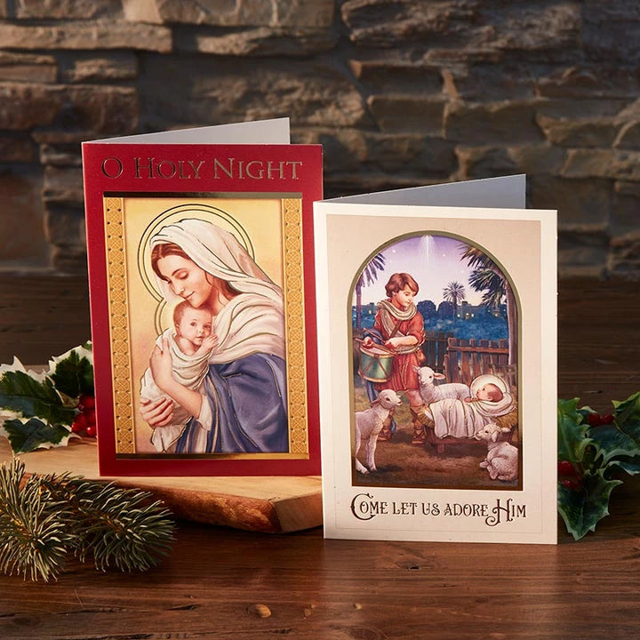 Catholic Drummer Boy Christmas greeting card featuring a message of peace, joy, love, and Luke 2:13-14.