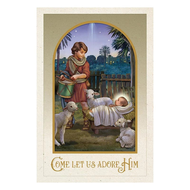 Let Us Adore Him Drummer Boy Christmas Card with elegant gold foil embossed Catholic design.