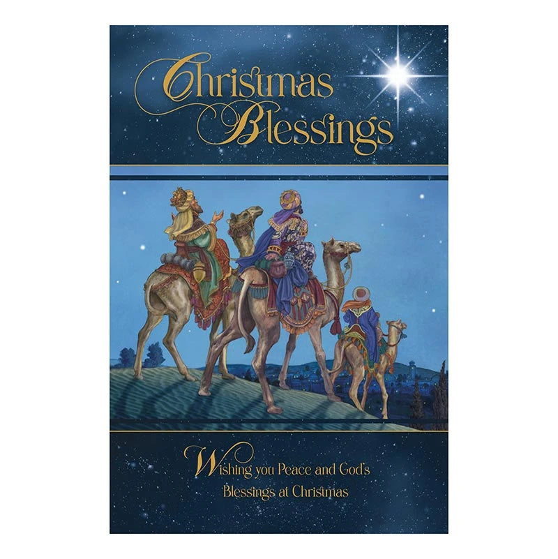 Let Us Adore Him The Magi Christmas Card with elegant silver foil embossed Catholic design.