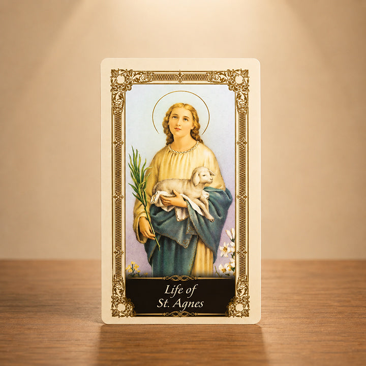 Life of St. Agnes laminated Catholic prayer card with saint artwork and devotional text