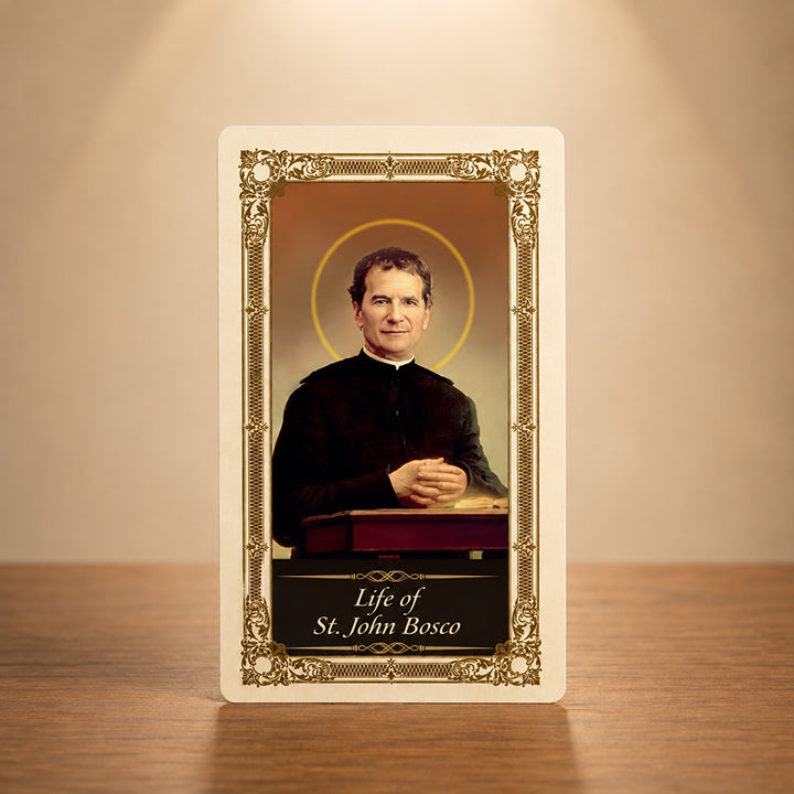 St. John Bosco laminated Catholic biography card with Salesian founder artwork