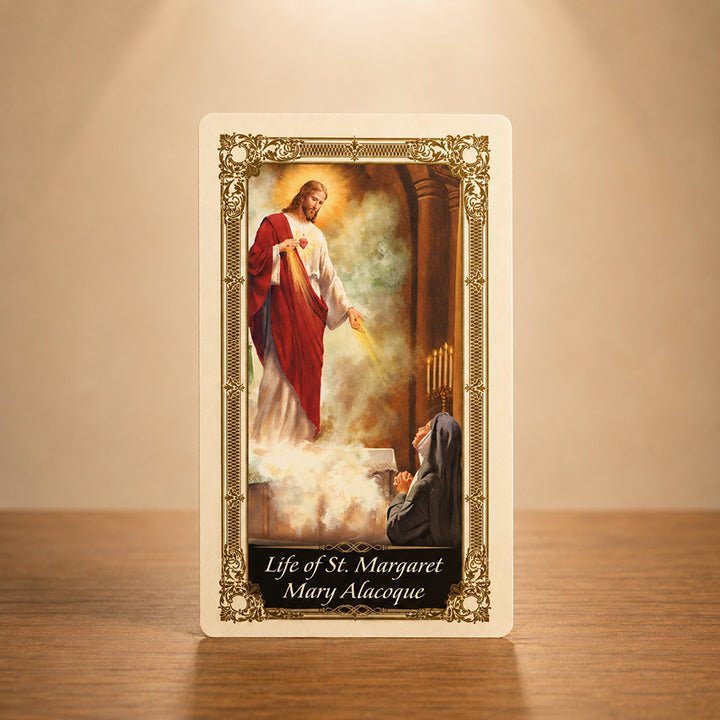 St. Margaret Mary Alacoque laminated Catholic prayer card with Sacred Heart of Jesus artwork