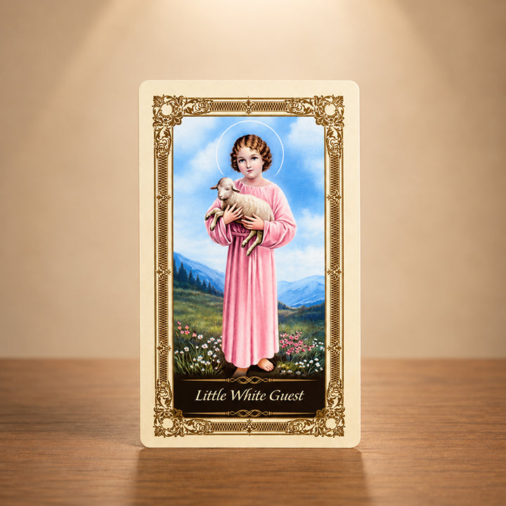 Little White Guest Kilgarlin Laminated Prayer Card featuring the Child Jesus holding a lamb with traditional gold-accent Catholic artwork.