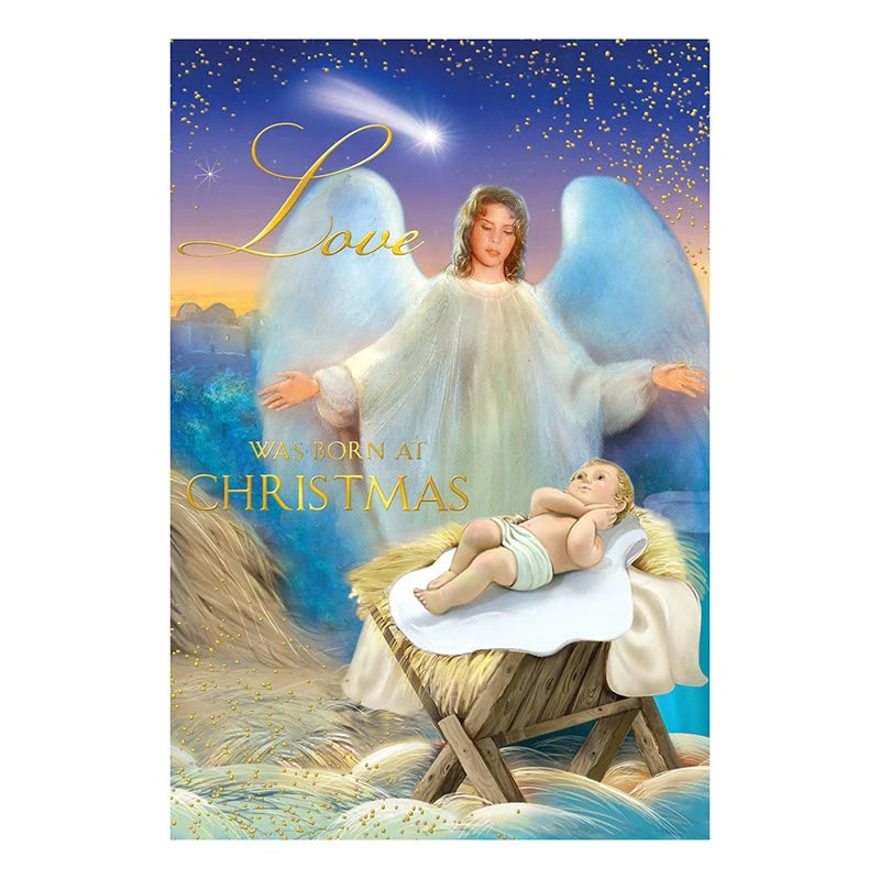 Love Was Born at Christmas Card with elegant gold foil embossed Catholic design.