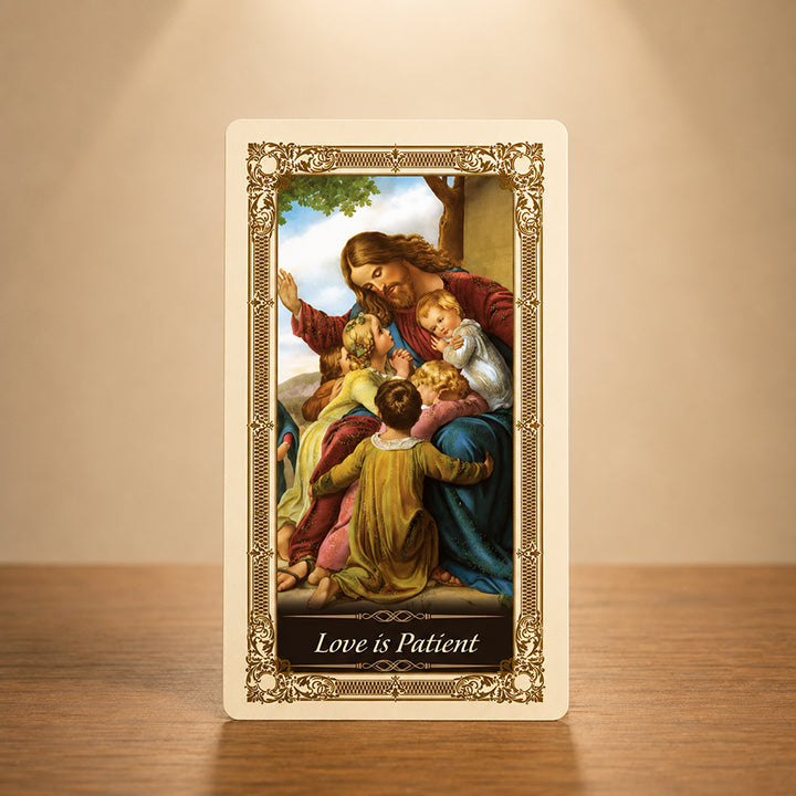 Love is Patient prayer card with Jesus and children Catholic artwork