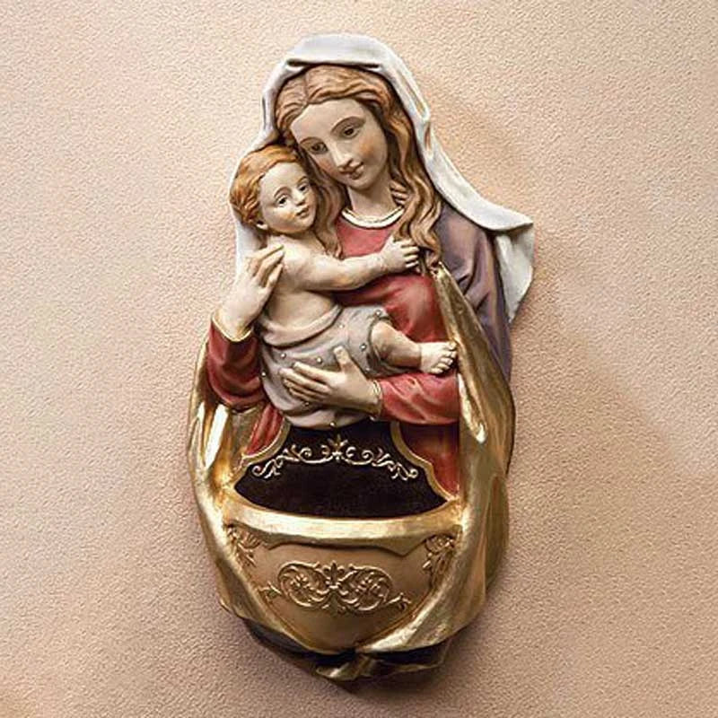 Madonna and Child Holy Water Font in 6-inch resin design for Catholic home entryways, prayer spaces, and daily blessings.