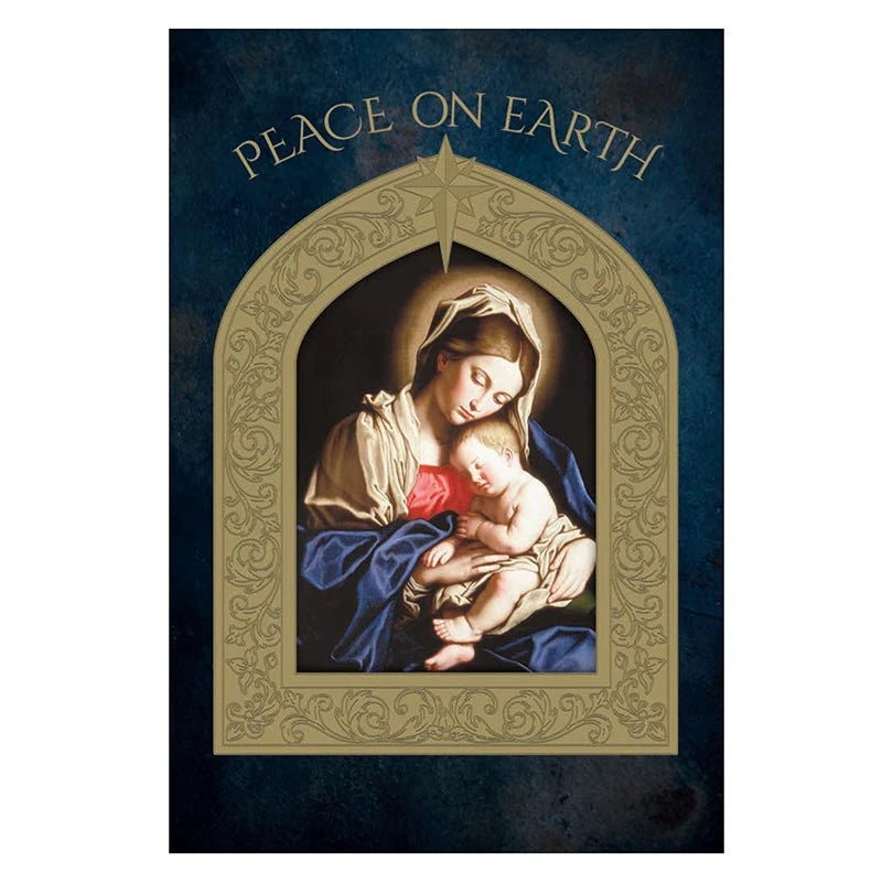 Madonna with Sleeping Christ Child Peace on Earth Christmas Card with gold foil embossed Catholic artwork.