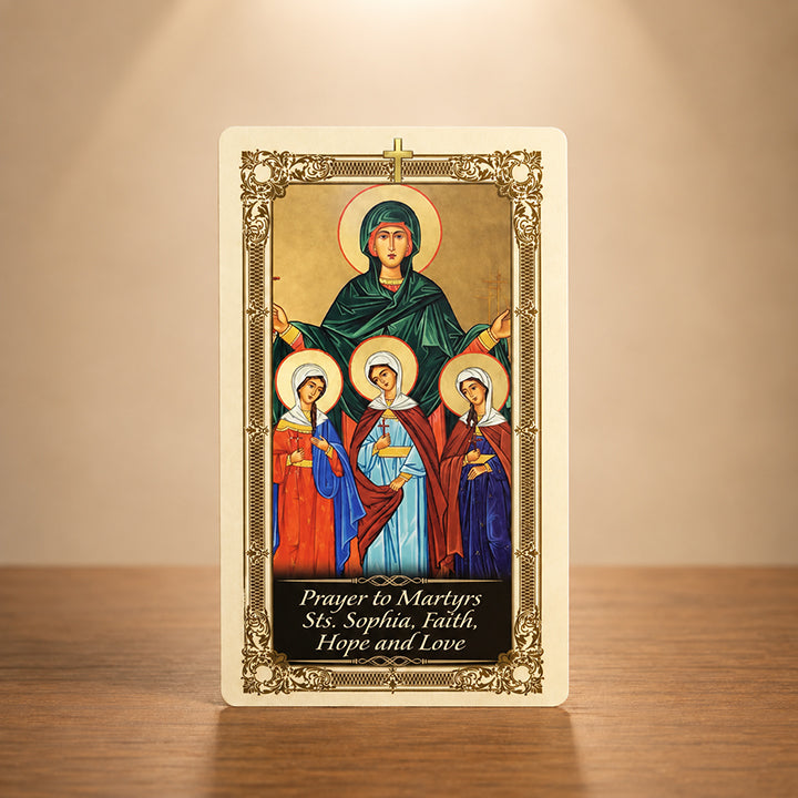 Sts Sophia Faith Hope and Love prayer card with Catholic icon artwork
