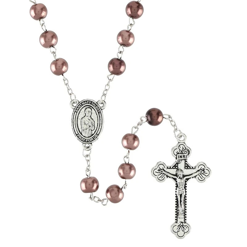 Matt Talbot Rosary with 7 mm pearl beads, silver-plated accents, 2-inch crucifix, and devotional centerpiece.
