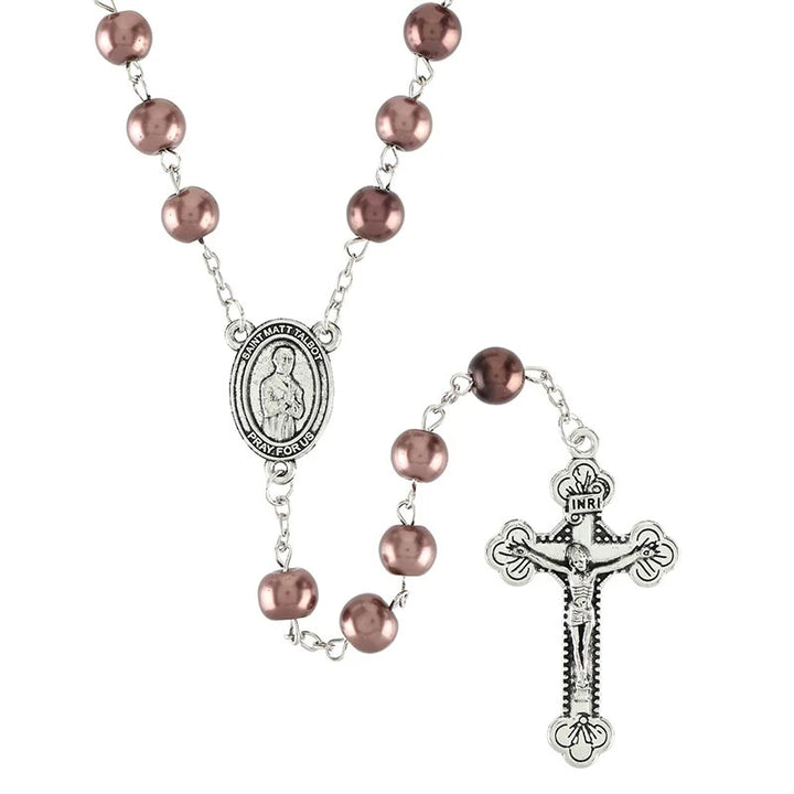 Matt Talbot Rosary with 7 mm pearl beads, silver-plated accents, 2-inch crucifix, and devotional centerpiece.