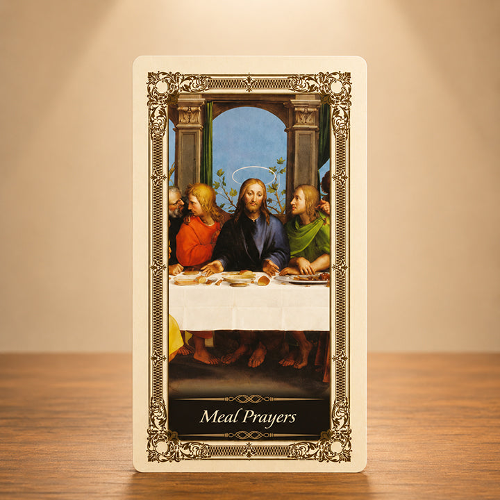 Meal Prayers Kilgarlin Laminated Prayer Card featuring the Last Supper with traditional Catholic prayers before and after meals.