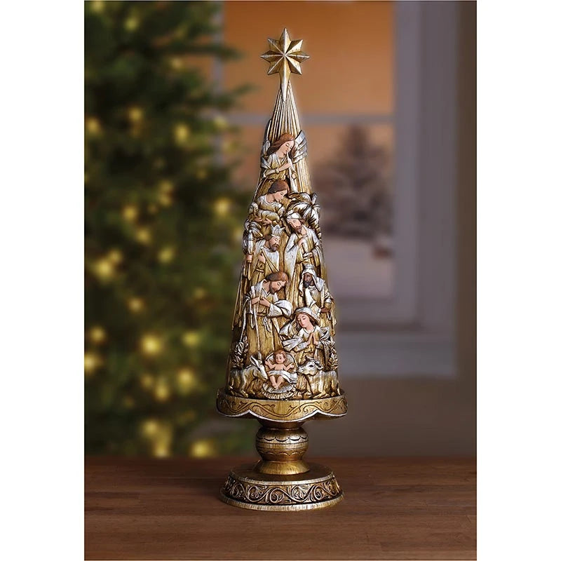 Religious Nativity Christmas tree centerpiece with carved Holy Family figures for home or sanctuary display.