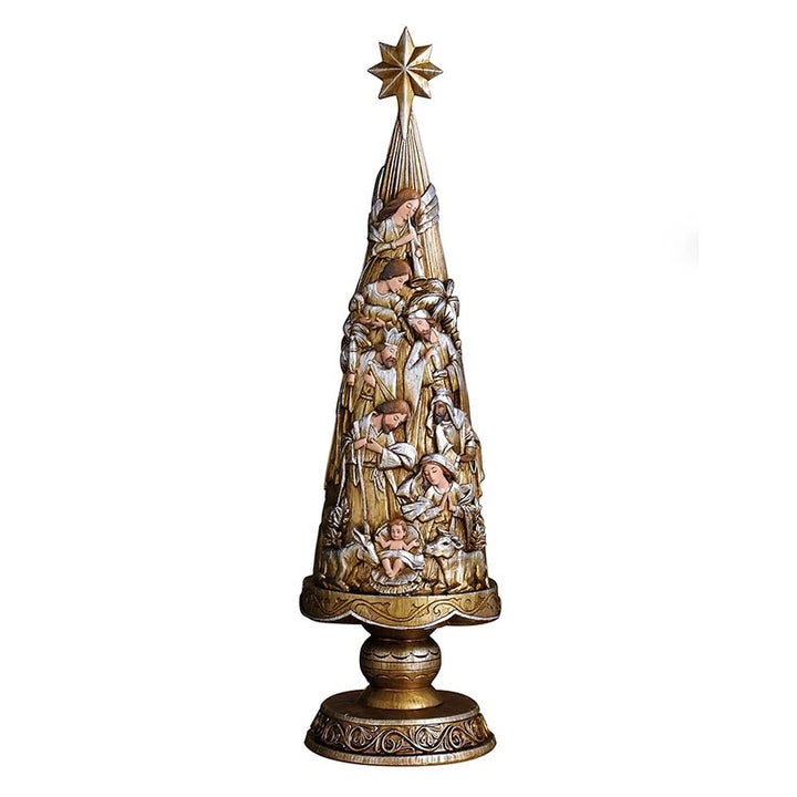 21 inch Metallic Nativity Christmas Tree with detailed resin figures and antiqued silver and gold finish.