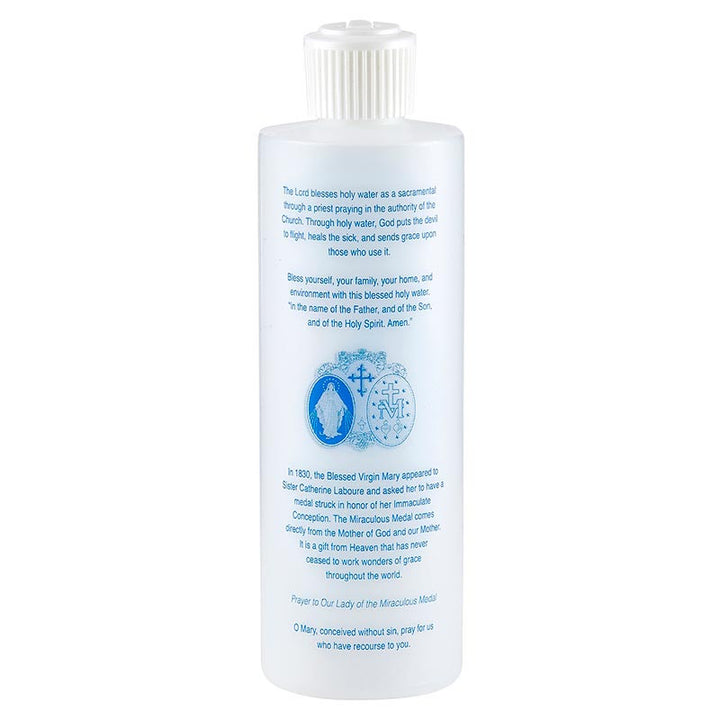 Large Catholic holy water bottle featuring Miraculous Medal design, 8 oz capacity, and convenient dispensing nozzle.