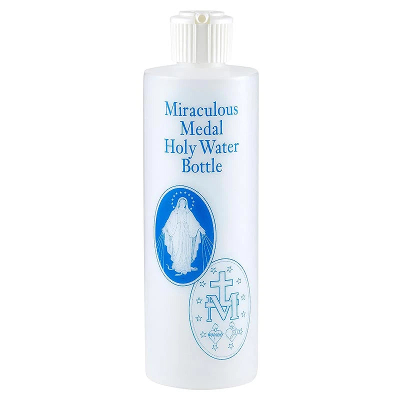 Miraculous Medal Holy Water Bottle Large 8 oz with spouting nozzle for storing and dispensing holy water.