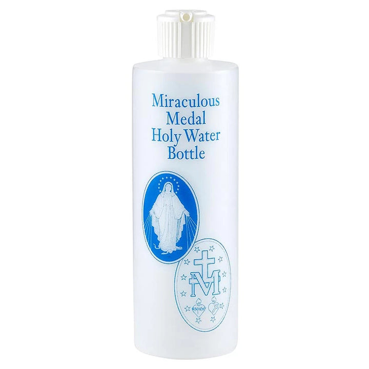 Miraculous Medal Holy Water Bottle Large 8 oz with spouting nozzle for storing and dispensing holy water.