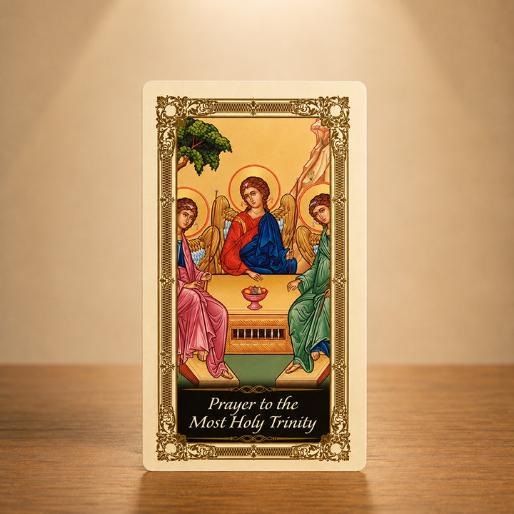 Most Holy Trinity Kilgarlin Laminated Prayer Card featuring traditional sacred Trinity artwork with angels and ornate gold Catholic accents.
