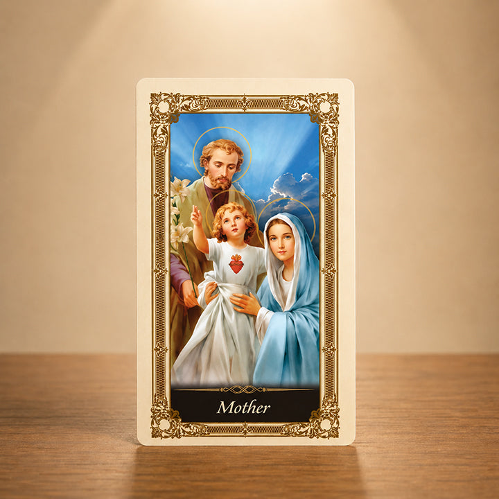Mother Kilgarlin Laminated Prayer Card featuring the Holy Family with Mary, St. Joseph, and Child Jesus, accented with an ornate gold Catholic design.