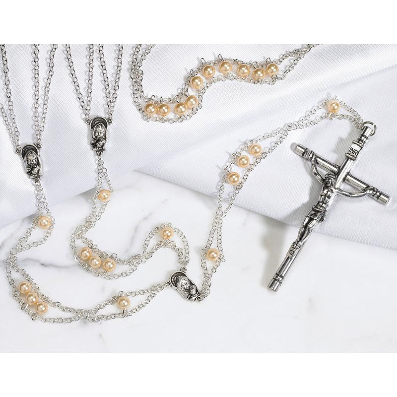 Mother of Pearl wedding lasso rosary with imitation pearl beads, silver accents, and 4-inch crucifix