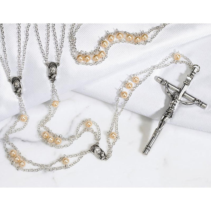 Mother of Pearl wedding lasso rosary with imitation pearl beads, silver accents, and 4-inch crucifix