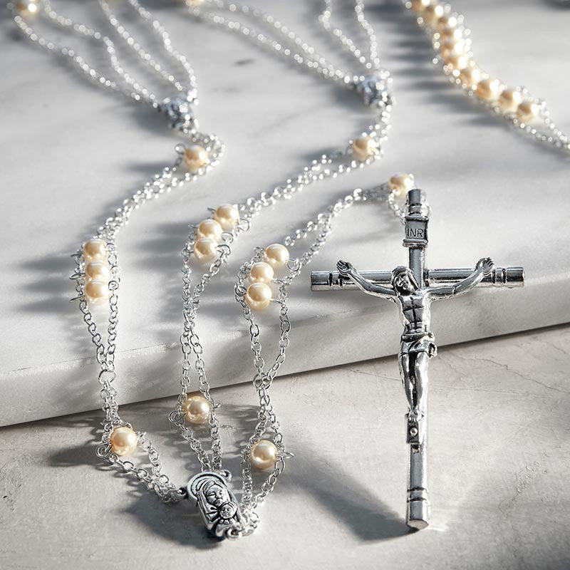 Mother of Pearl wedding lasso rosary with imitation pearl beads, silver accents, and 4-inch crucifix