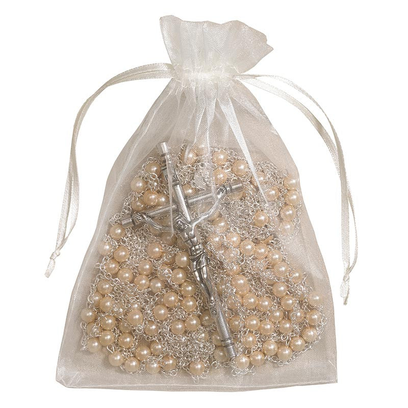 Mother of Pearl wedding lasso rosary with imitation pearl beads, silver accents, and 4-inch crucifix