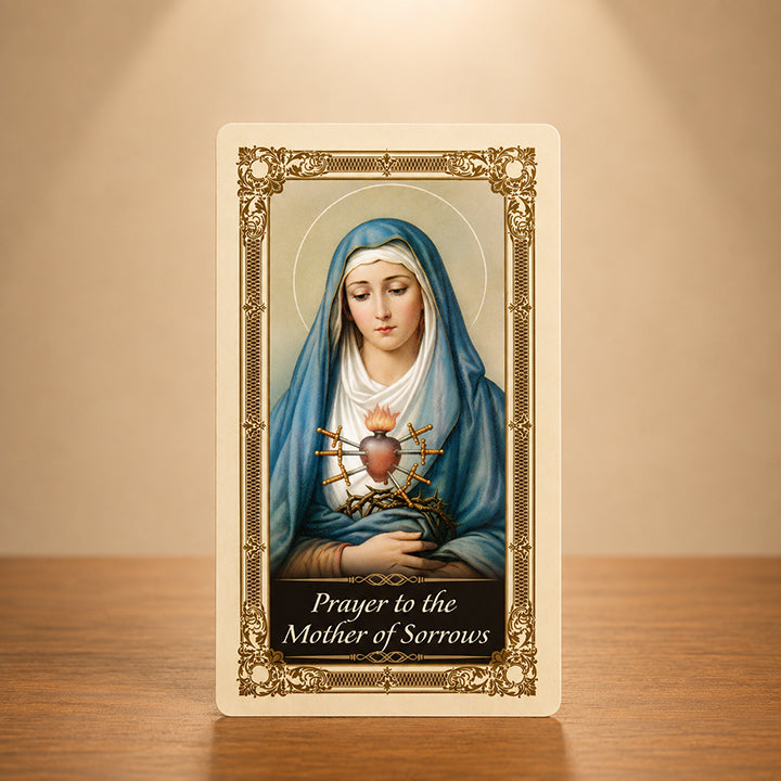 Mother of Sorrows Prayer Card with Blessed Virgin Mary and seven swords devotional artwork