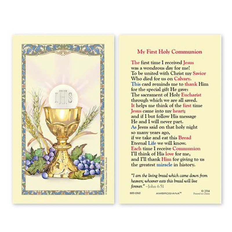 My First Holy Communion Laminated Holy Card featuring a gold chalice, IHS Eucharistic host, wheat, and grapes in traditional Catholic artwork.