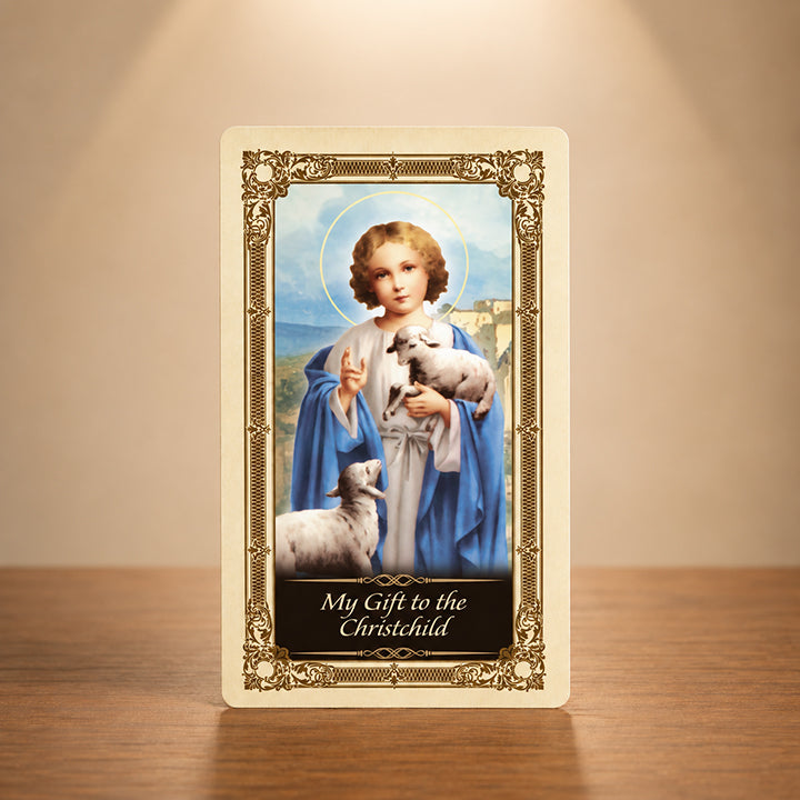 My Gift to the Christchild Kilgarlin Laminated Prayer Card featuring the Christ Child holding a lamb with ornate gold Catholic artwork.