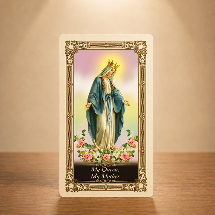 My Queen My Mother Prayer Card with crowned Blessed Virgin Mary artwork and gold colour accents