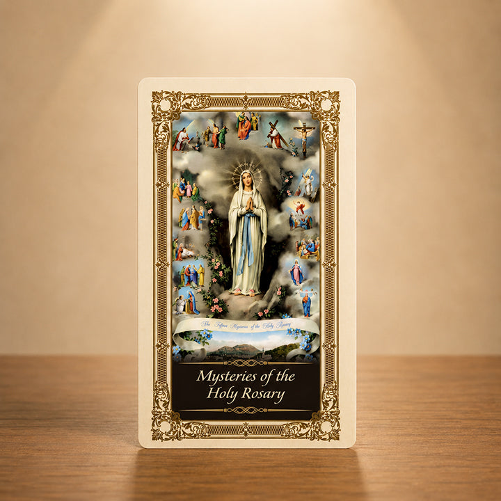 Mysteries of the Holy Rosary Prayer Card with Blessed Virgin Mary artwork and gold colour accents