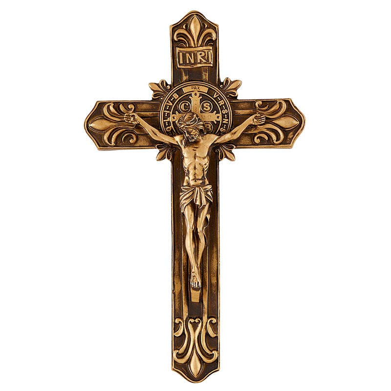 9" Saint Benedict Antique Gold Fleur-De-Lis Wall Crucifix - Pack of 2