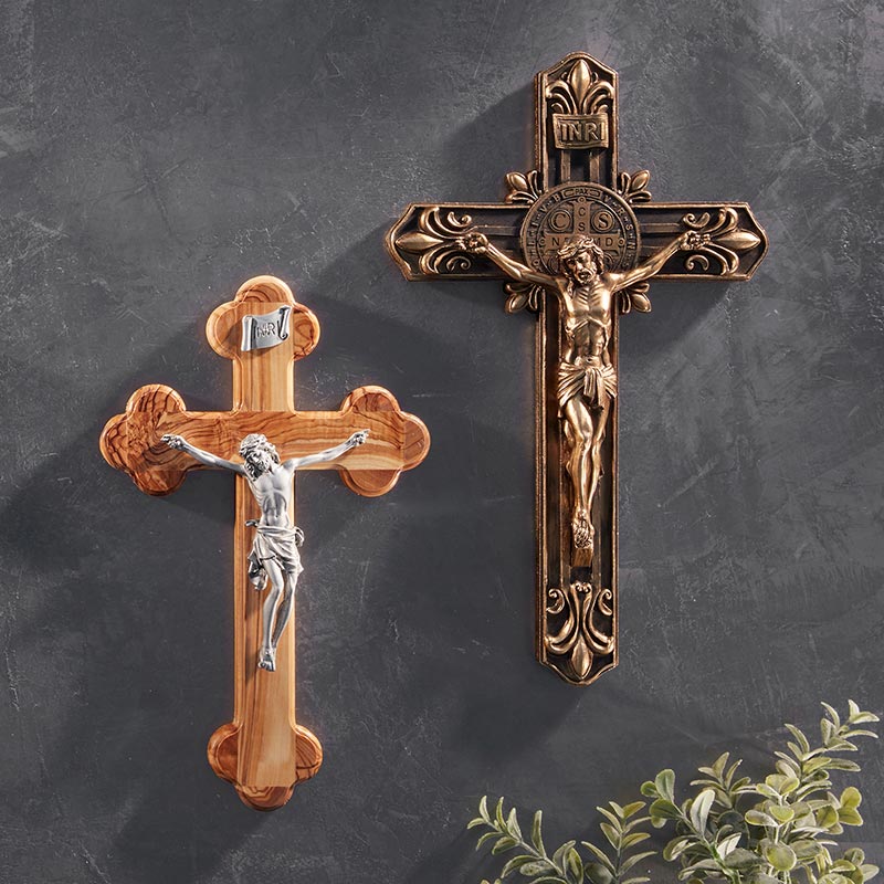 12.5" Saint Benedict Antique Gold Fleur-De-Lis Wall Crucifix - Pack of 2