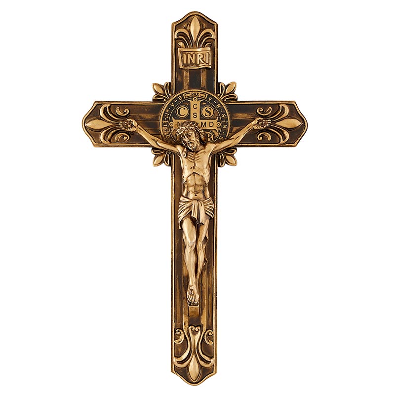 12.5" Saint Benedict Antique Gold Fleur-De-Lis Wall Crucifix - Pack of 2