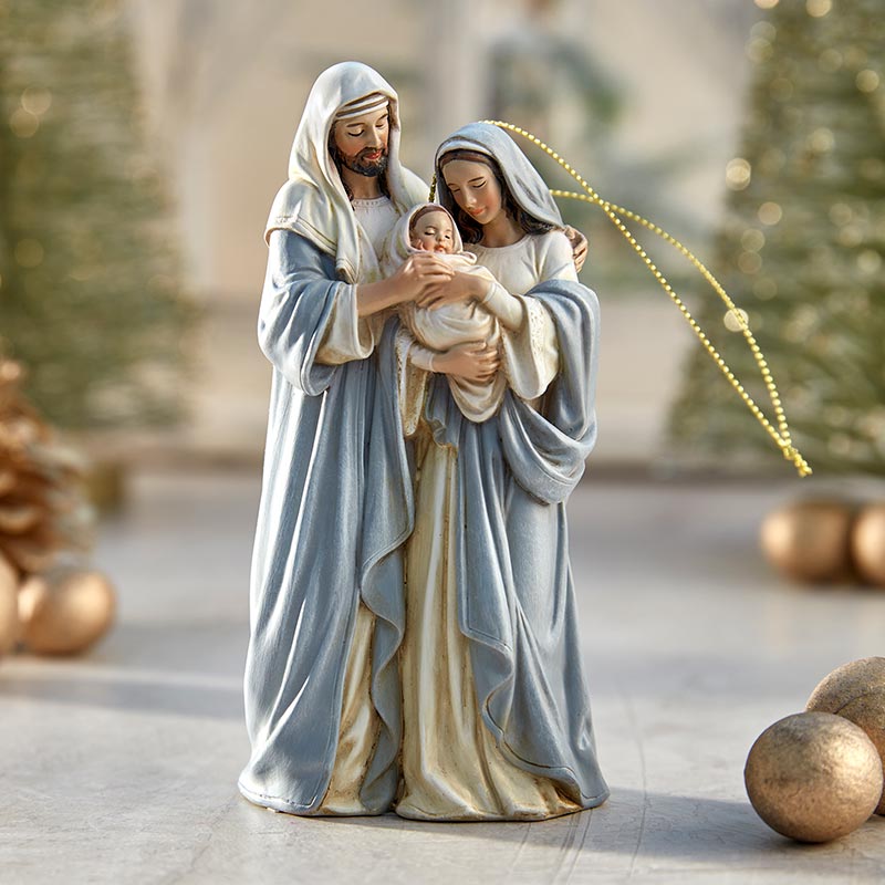 Holy Family Christmas ornament by Michael Adams with detailed relief and colorful resin design