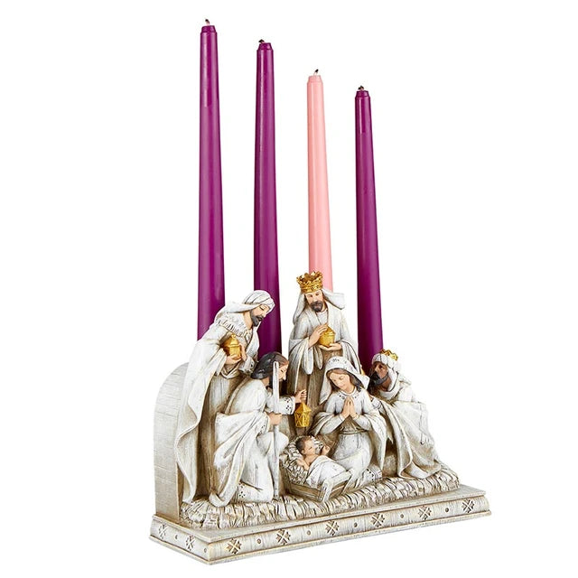 Catholic Nativity Advent candle holder measuring 10 inches wide for home altars, mantels, and Christmas reflection.