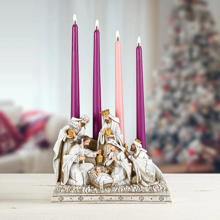 Holy Family Nativity Advent Candle Holder for Catholic families, seasonal prayer, Christmas décor, and religious gifting.