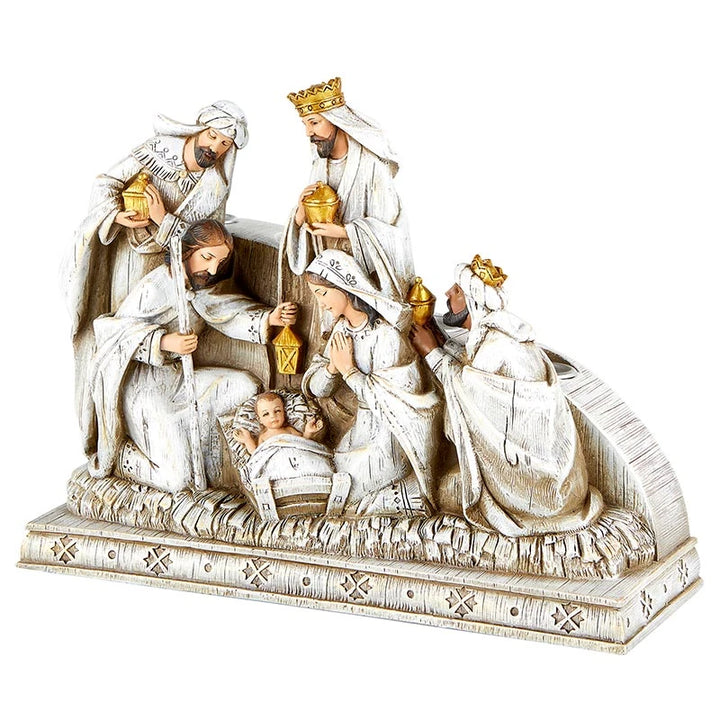Catholic Nativity Advent candle holder measuring 10 inches wide for home altars, mantels, and Christmas reflection.