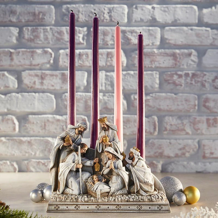 Nativity Advent Candle Holder with detailed Holy Family scene in resin for Catholic Christmas décor and prayer.