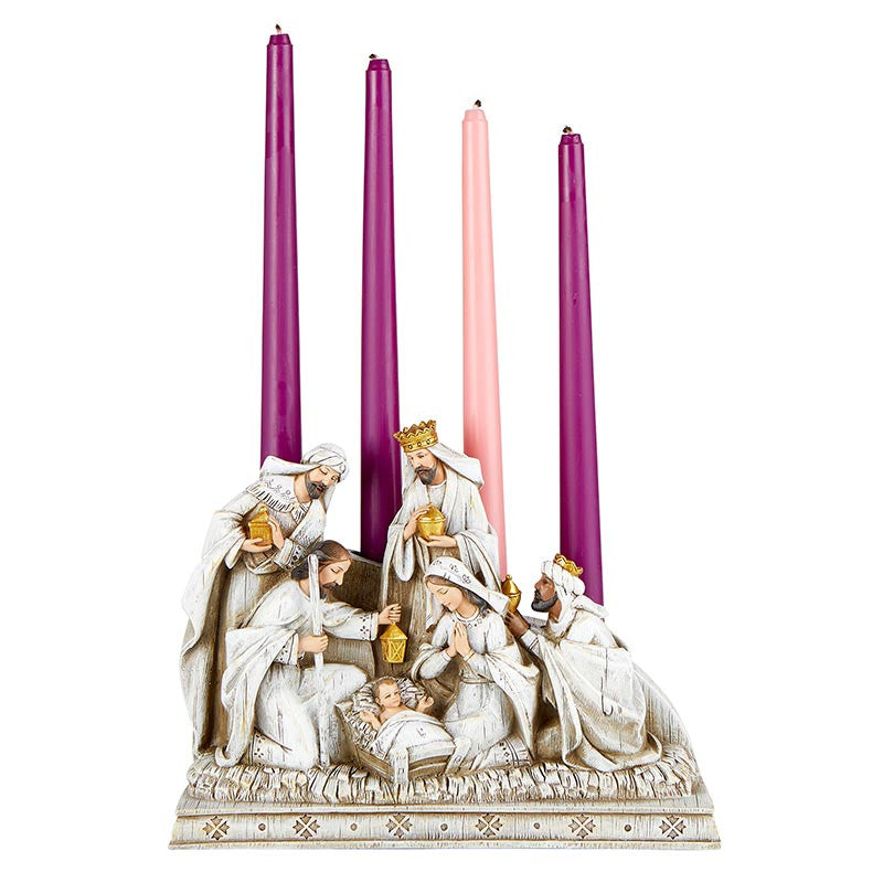  Nativity Advent Candle Holder with detailed Holy Family scene in resin for Catholic Christmas décor and prayer.