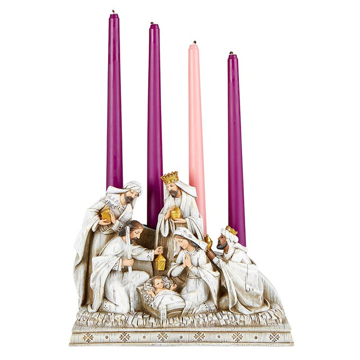  Nativity Advent Candle Holder with detailed Holy Family scene in resin for Catholic Christmas décor and prayer.