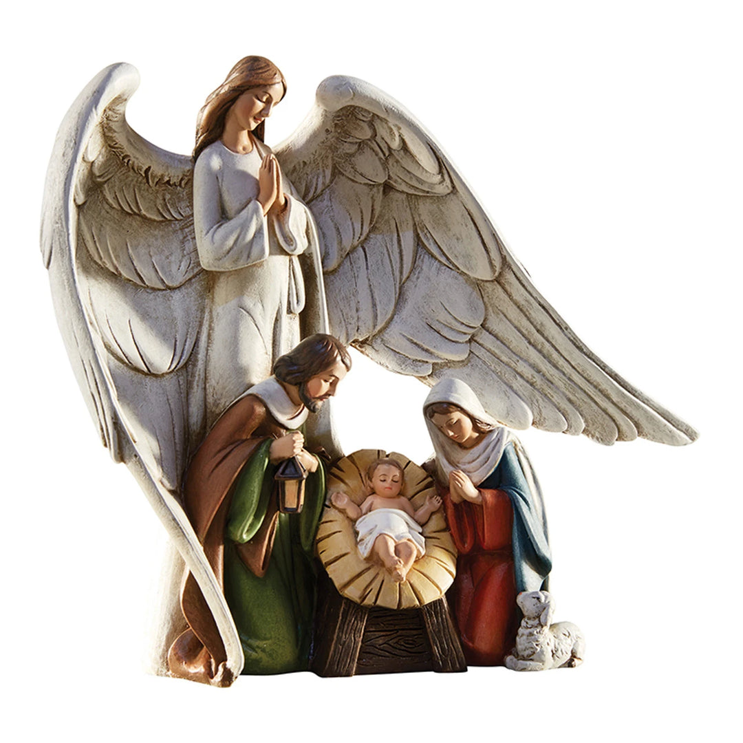Nativity Advent Candleholder by Avalon Gallery with Holy Family figurine, angel, and four candle spaces.