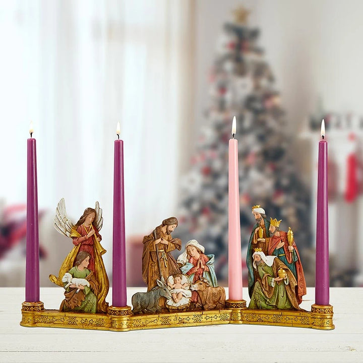 Gift-boxed resin Nativity Advent Candleholder for Catholic families, seasonal reflection, and Christmas gifting.