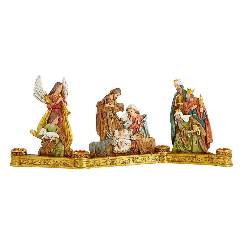Nativity Advent Candleholder measuring 18.5 inches long with detailed resin Holy Family scene for Catholic Christmas décor.