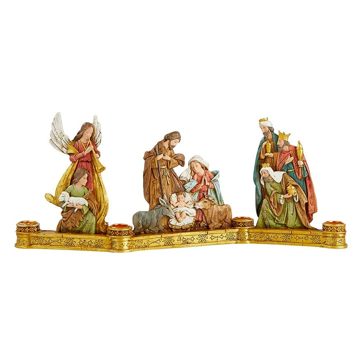 Nativity Advent Candleholder measuring 18.5 inches long with detailed resin Holy Family scene for Catholic Christmas décor.