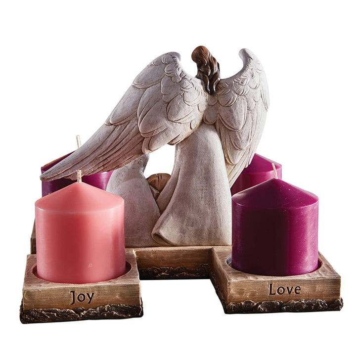 Catholic Nativity Advent candleholder with Hope, Prepare The Way, Peace, Joy, and Love inscriptions for Christmas prayer.