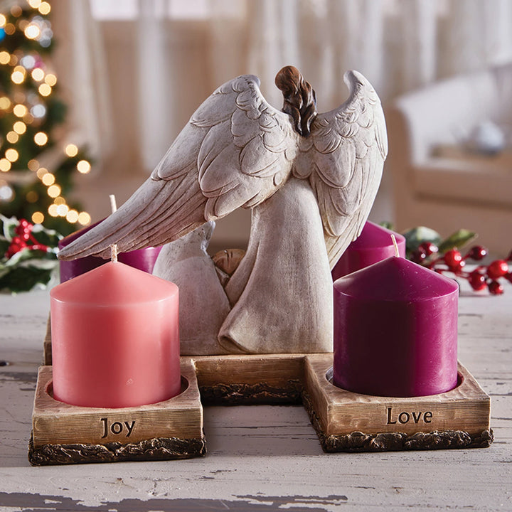 Resin Nativity Advent Candleholder with separate Holy Family figurine and angel for Catholic home décor and seasonal gifting.