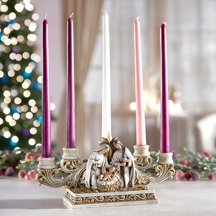 Gift-boxed resin Nativity Advent candleholder measuring 11 inches long for Catholic seasonal decoration.